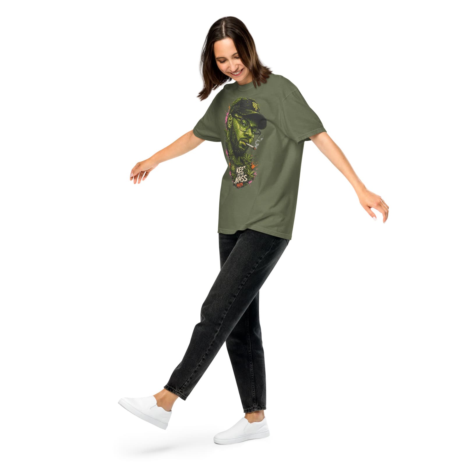 16os — Keep Off the Grass Tee on a model in Moss