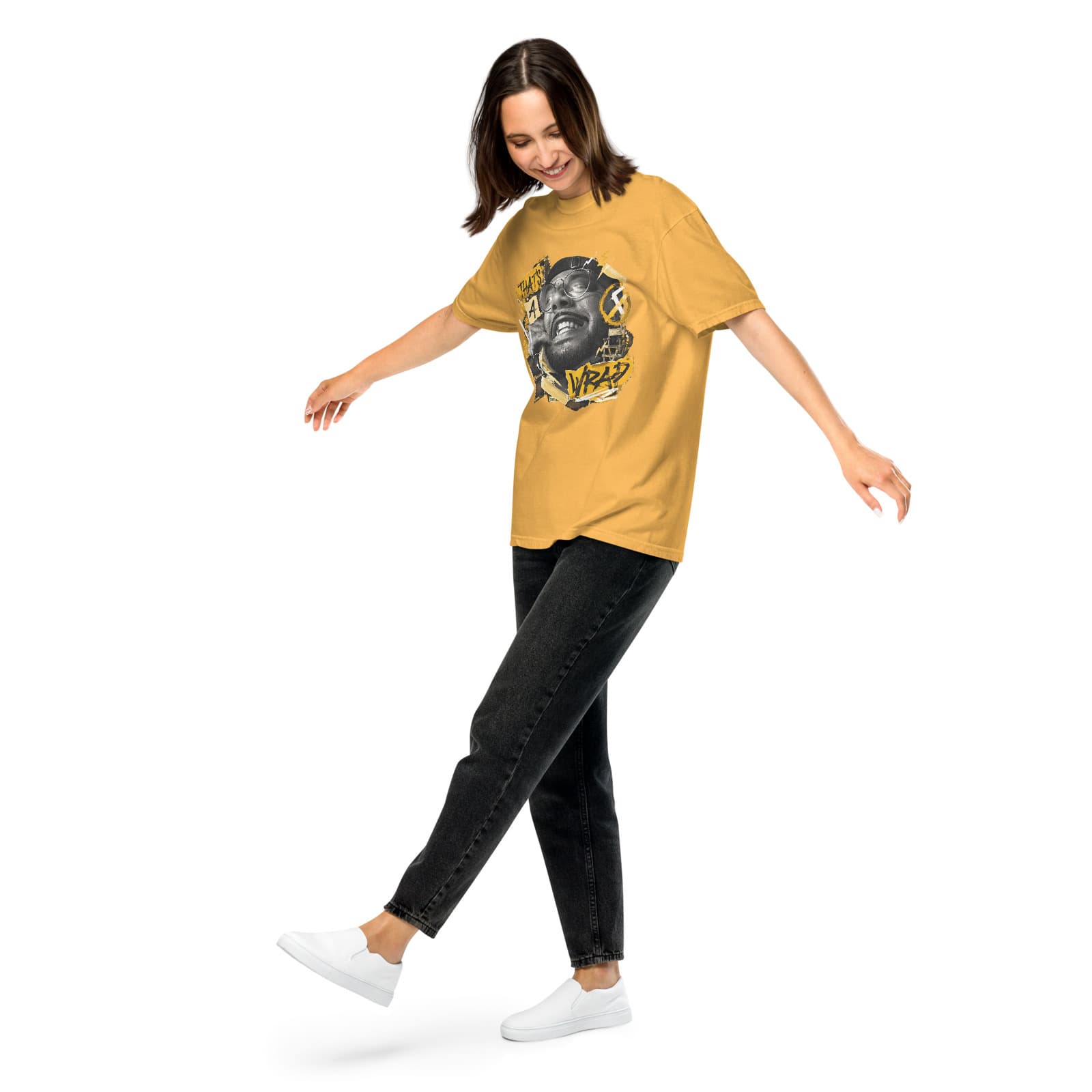 16os — That’s a Wrap Tee on a model in Mustard