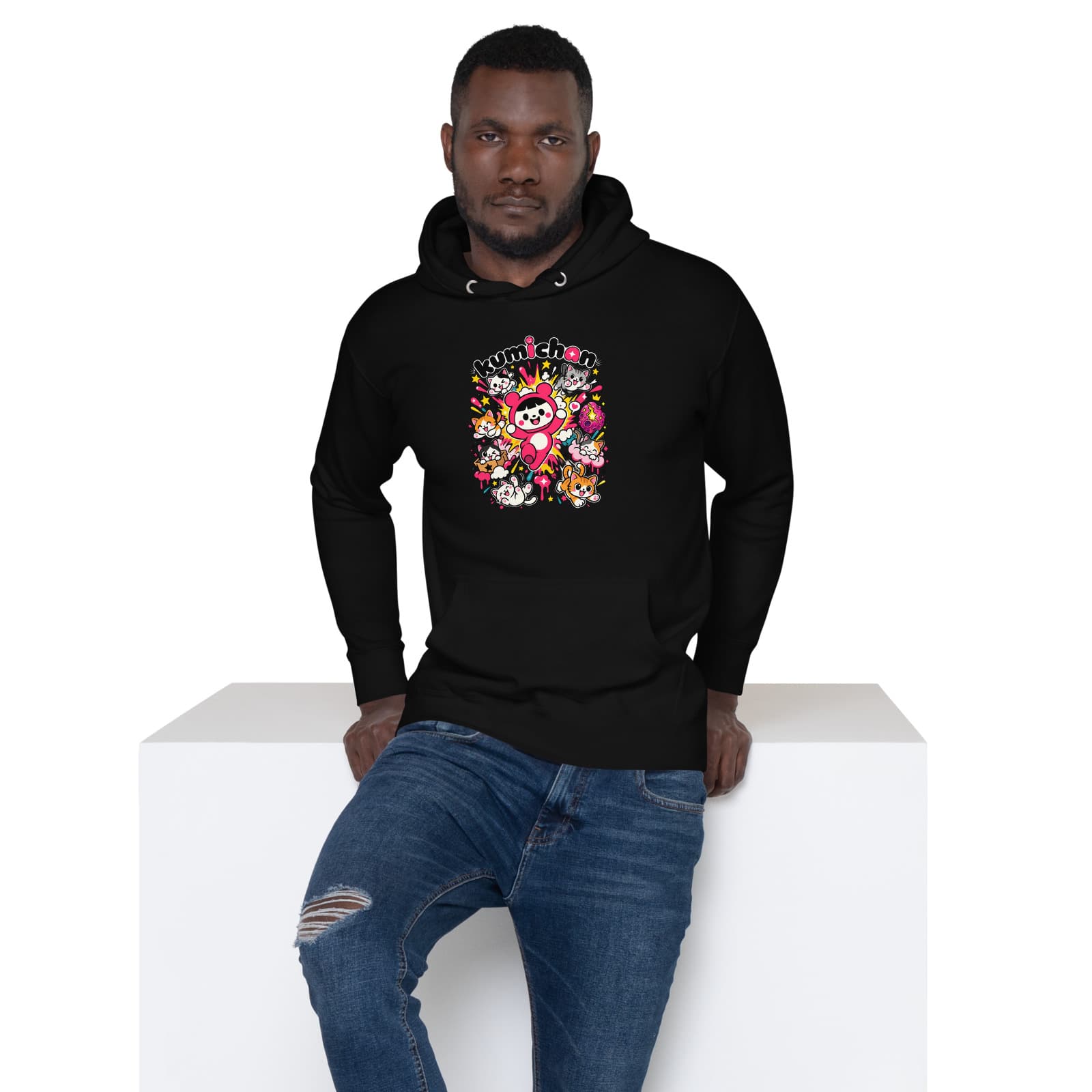 Kittens Chaos Hoodie on a model in Black