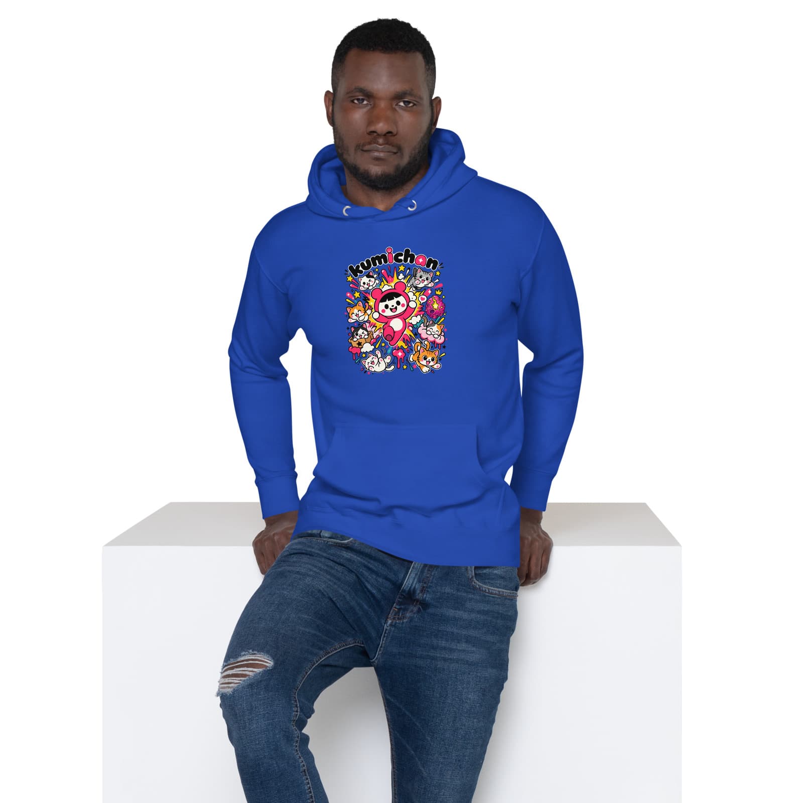Kittens Chaos Hoodie on a model in Team Royal