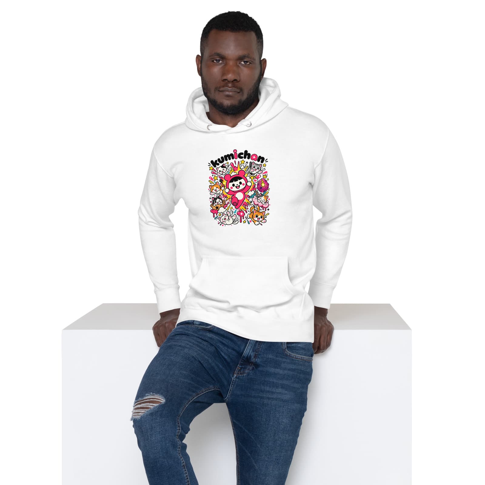 Kittens Chaos Hoodie on a model in White