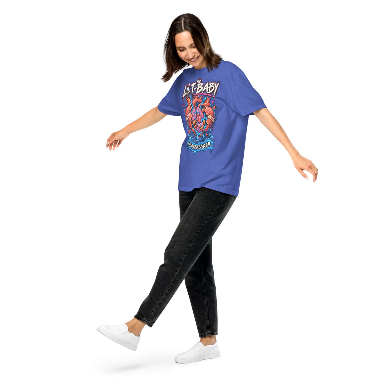 Lil T-baby — Heartbreaker Tee on a model in Flo Blue
