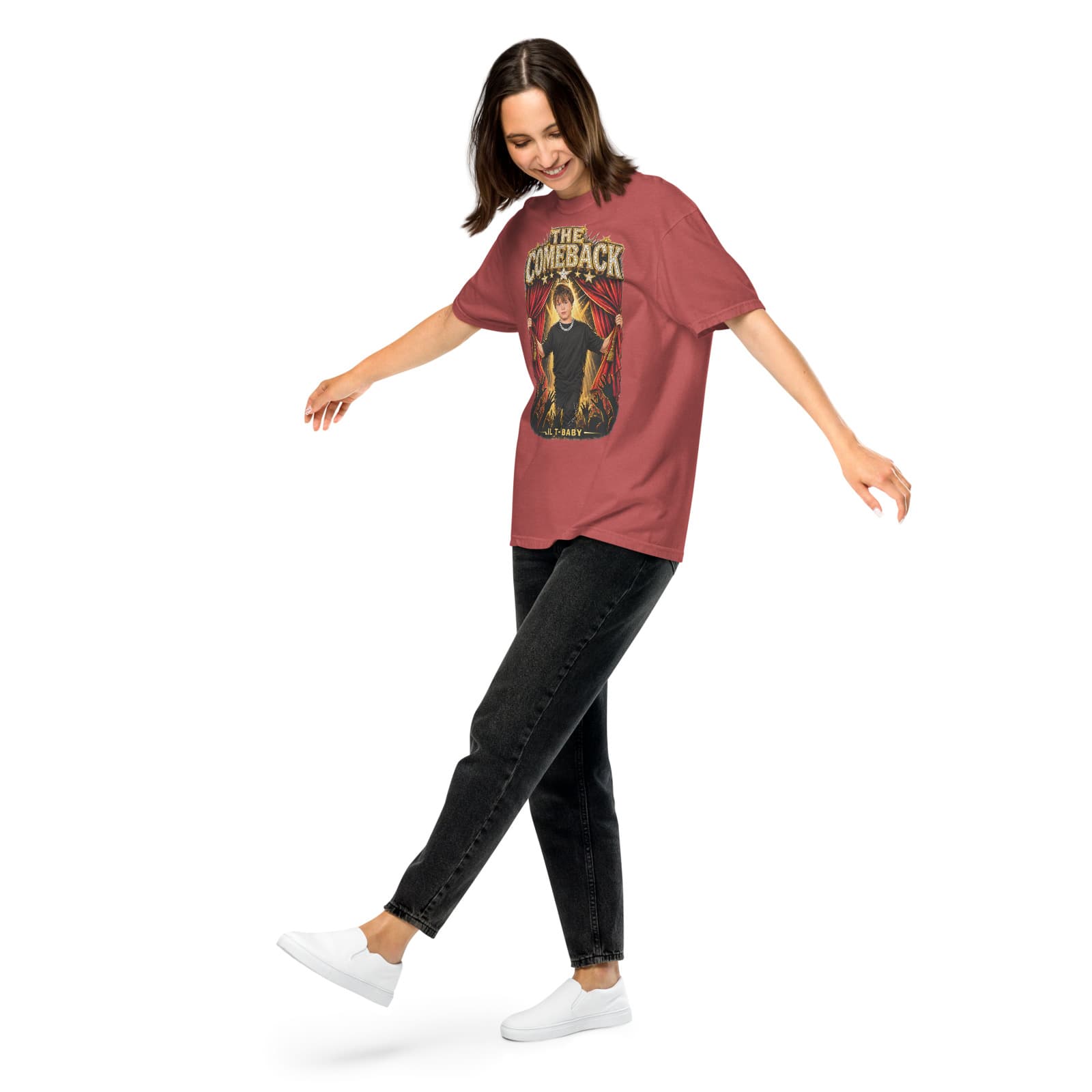 Lil T-baby — The Comeback Tee on a model in Crimson