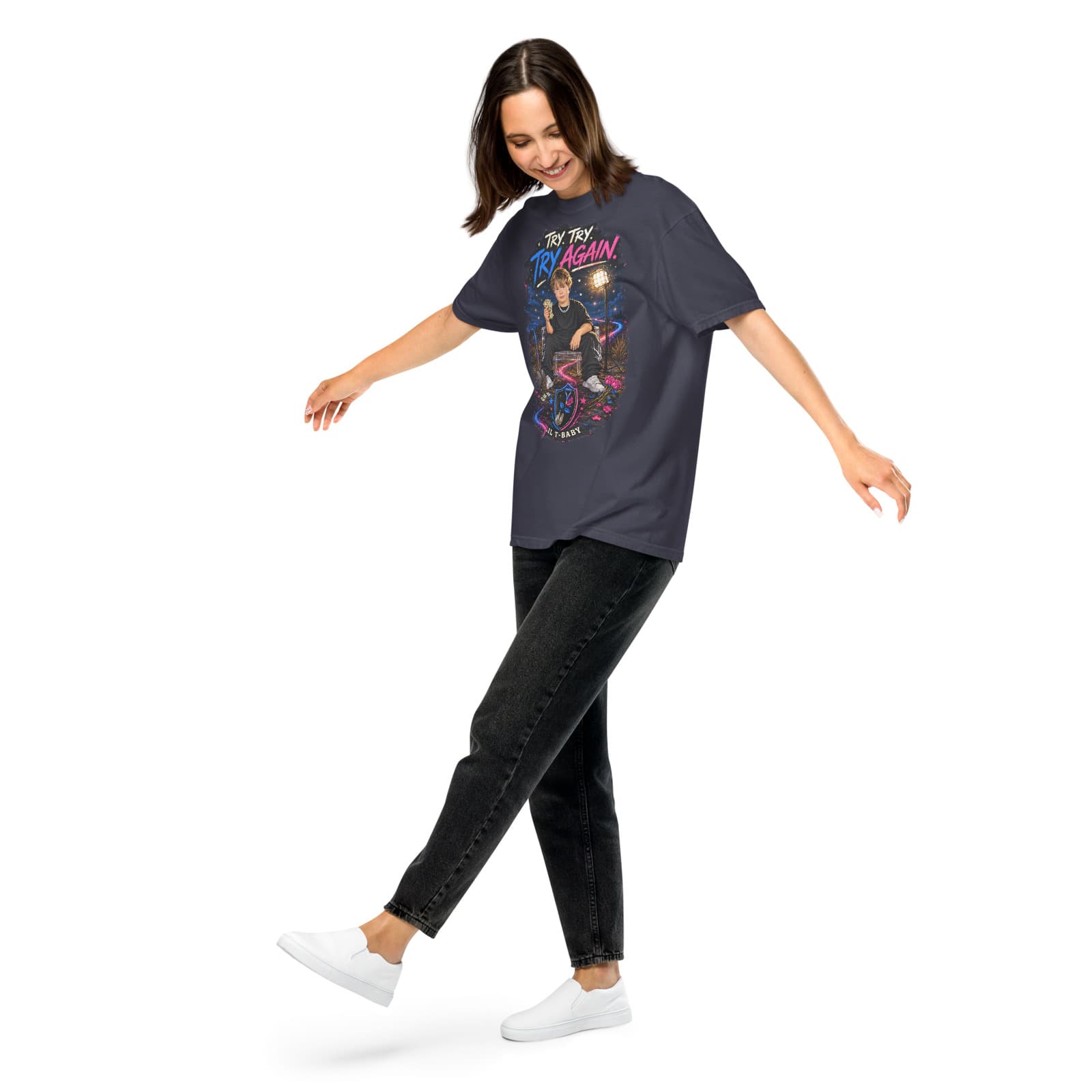 Lil T-baby — Try. Try. Try Again Tee on a model in Navy