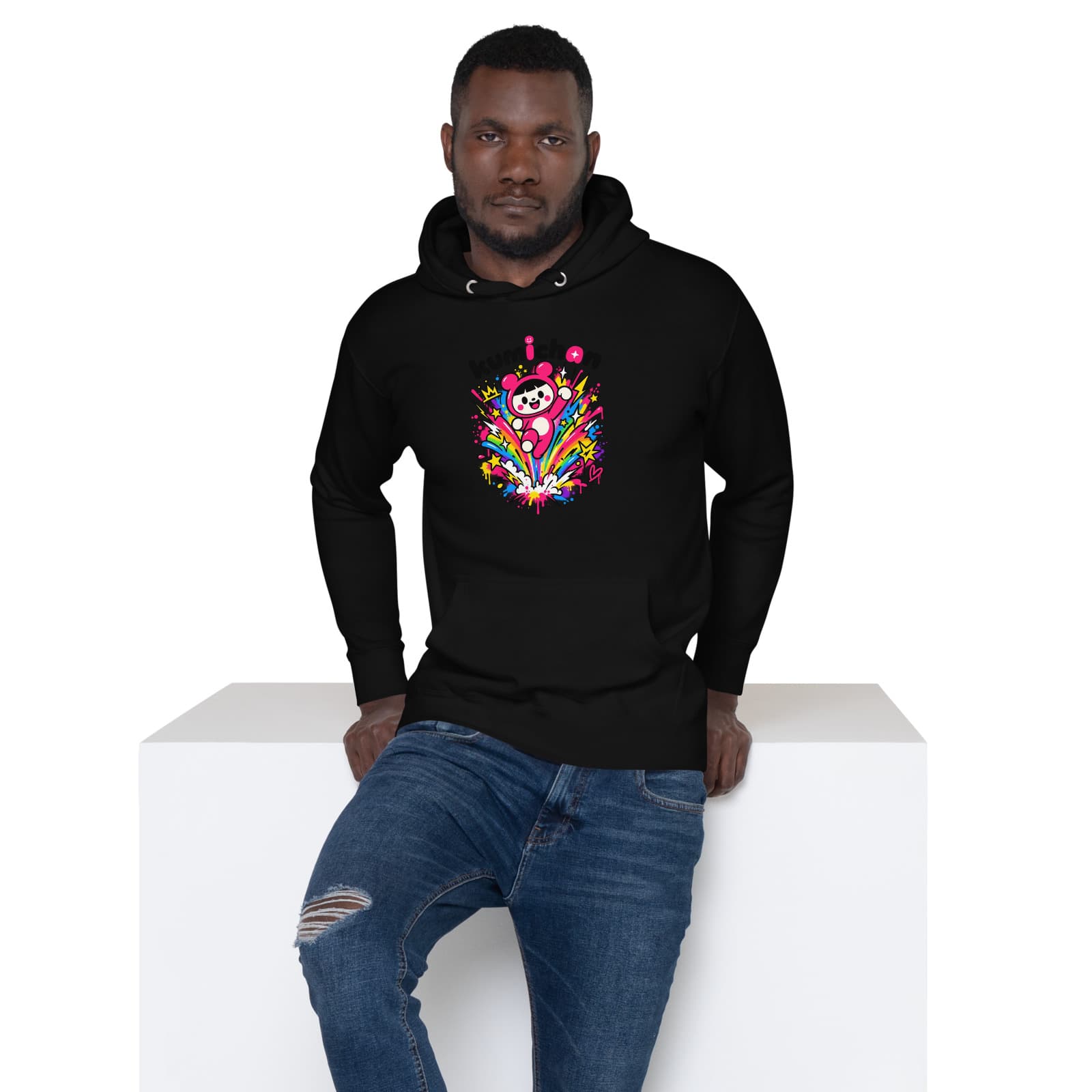 Rainbow Street Hoodie on a model in Black