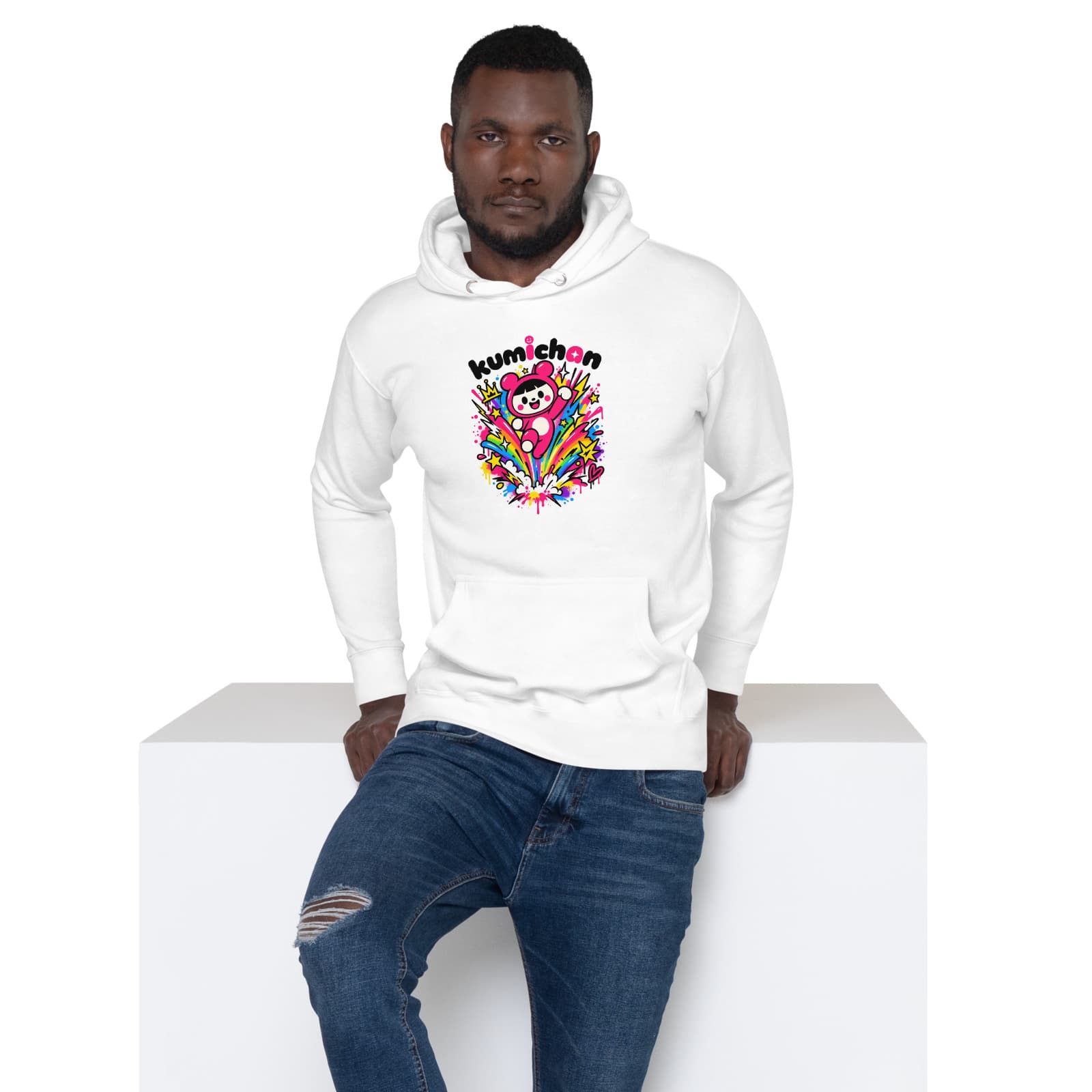 Rainbow Street Hoodie on a model in White